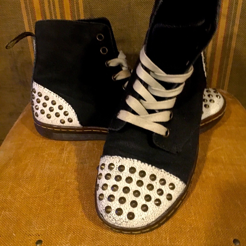 DR MARTENS Hackstud Black Canvas White Leather Chrome Spike Studded RARE